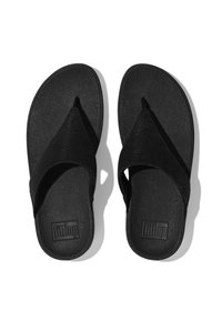 Zwarte flip-flops met een getextureerde rubberen zool en stoffen tussenschoenen. De voetbed is licht gewelfd en heeft het merklogo in reliëf.