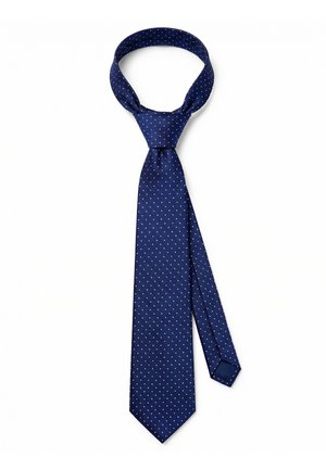 Navyblåt silketørklæde med hvide prikker, delvist bundet i en Windsor-knude, vist på en hvid baggrund.