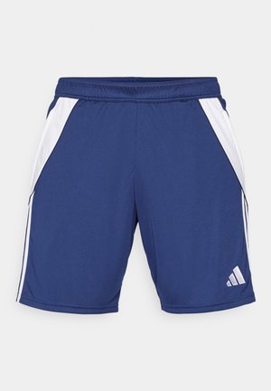 Navy athletic shorts with white side panels, elastic waistband, and logo detail on lower hem. Made from lightweight, breathable fabric.