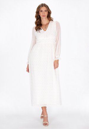Witte maxi-jurk met lange, doorzichtige pofmouwen, V-hals, gemêleerde stof met gele verticale lijnen en accentuerende taille.
