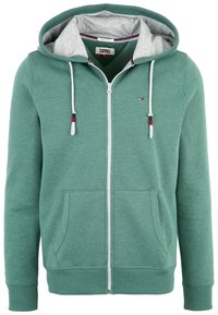 Sudadera verde con cremallera y capucha forrada en gris claro. Presenta dos bolsillos frontales, puños acanalados y un pequeño logo en el pecho. Textura de tela suave.