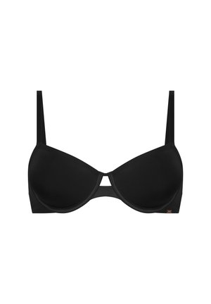 Soutien-gorge rembourré noir avec armatures, bretelles réglables et un design à clé à l'avant. Texture lisse et finition sans coutures.