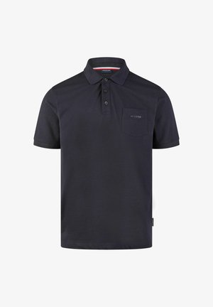 Navyblaue Polo-Shirt aus Baumwolle, mit Kragen, drei Knöpfen, einer linken Brusttasche und einem Logo über der Tasche. Kurzärmlig.