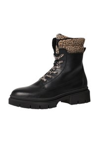 Bottes en cuir noir à lacets avec un col en imprimé léopard, dotées de semelles robustes et d'une quincaillerie métallique pour la durabilité et l'adhérence.
