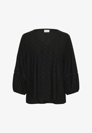 Black blouse made from textured fabric with a V-neck, loose fit, and puffed sleeves. Features eyelet patterns and subtle stitched details.