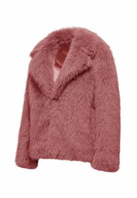 Giacca in pelliccia sintetica rosa con colletto a scialle, maniche lunghe e superficie morbida e texturizzata. Il design è senza colletto e presenta una vestibilità ampia.