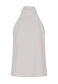 Hoge hals mouwloze top in lichtgrijs, met een gladde textuur en een subtiele glans. Achterzijdige ritssluiting met een sleutelgatdetail.