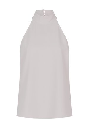 Hoge hals mouwloze top in lichtgrijs, met een gladde textuur en een subtiele glans. Achterzijdige ritssluiting met een sleutelgatdetail.