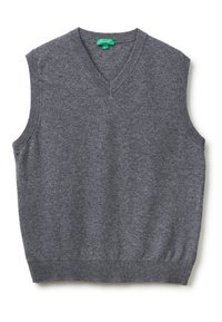 Szary bezrękawnik z dekoltem w kształcie litery V. Wykonany z miękkiego materiału dzianinowego, z prążkowanym wykończeniem u dołu i na otworach na ramiona. Metka widoczna wewnątrz dekoltu.