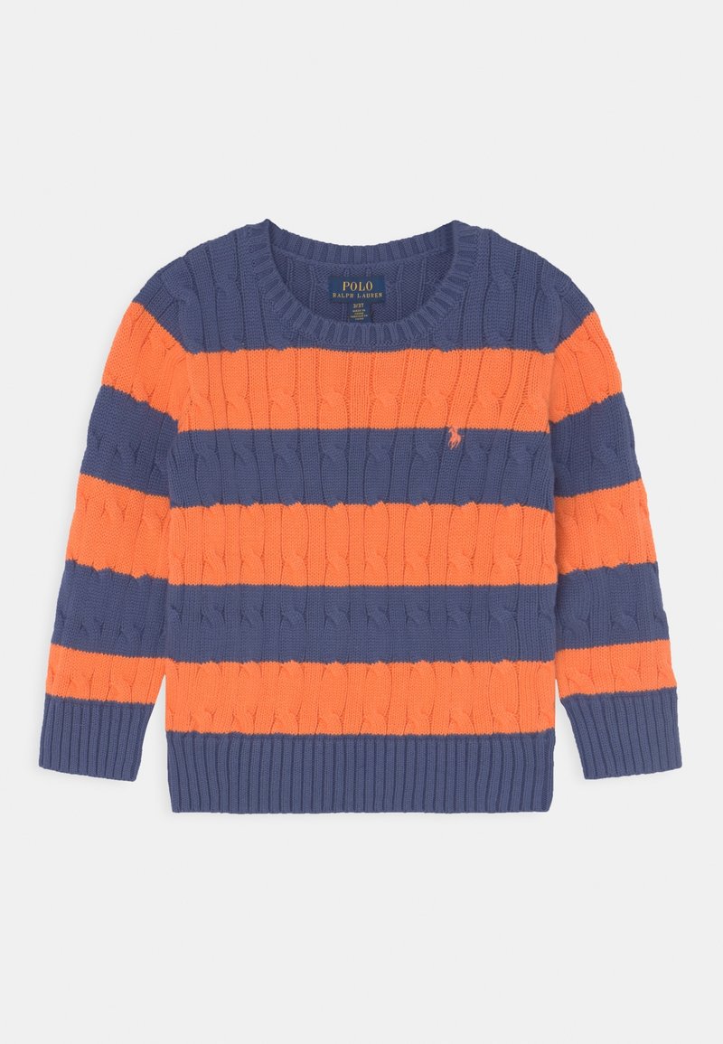 Cable-knit tröja med marinblå och orange ränder, rundad halsringning, ribbade ärmslut och nederkant. Har en liten logotypdetalj på bröstet.