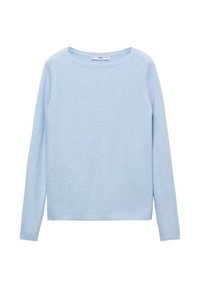 Light blue sweater featuring a round neck, long sleeves, soft texture, and ribbed cuffs and hem for a fitted look.