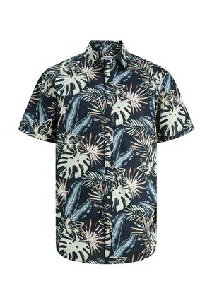 Cămașă cu nasturi cu mâneci scurte, cu un model floral tropical în bej, albastru și verde pe un fundal negru.