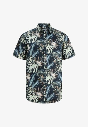 Rövid ujjú, gombos ing trópusi virágmintával, bézs, kék és zöld színekkel fekete alapon.