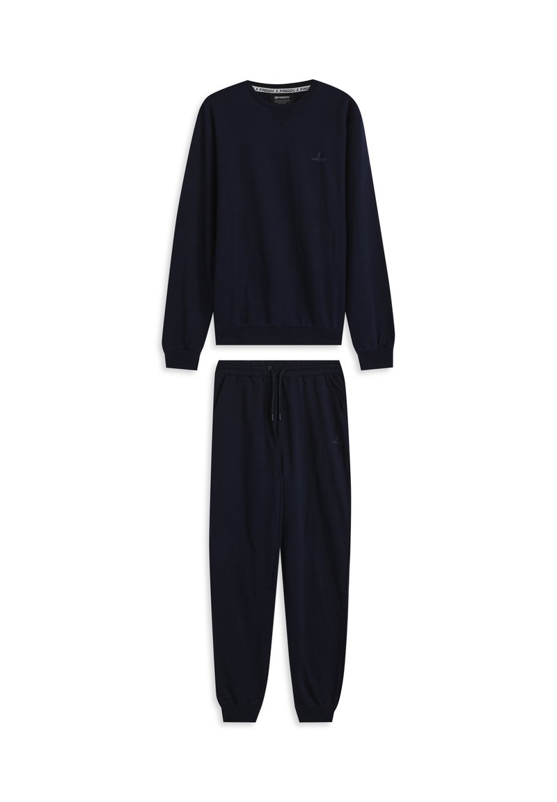 Conjunto de sudadera y pantalones jogger en azul marino, confeccionado en una mezcla de algodón suave. La sudadera tiene escote en V y puños acanalados; los pantalones jogger cuentan con cinturilla elástica y piernas estrechas.