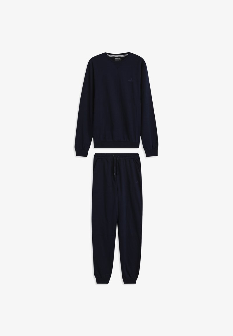 Conjunto de sudadera y pantalones jogger en azul marino, confeccionado en una mezcla de algodón suave. La sudadera tiene escote en V y puños acanalados; los pantalones jogger cuentan con cinturilla elástica y piernas estrechas.