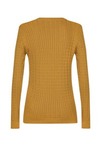 Maglione giallo senape con texture a costine, maniche lunghe e scollo rotondo. La vista posteriore mostra un motivo a trecce verticale.