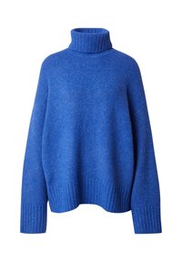 Fleckiger blauer Rollkragenpullover mit geribbelter Textur und Bündchen, der einen entspannten Schnitt und eine weite Silhouette aufweist. Weiches Strickmaterial.
