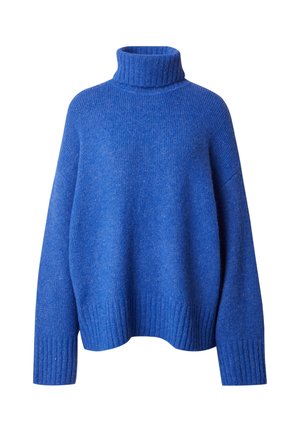 Robuuste blauwe coltrui met geribbelde textuur en manchetten, met een relaxte pasvorm en losse silhouet. Zacht gebreid materiaal.