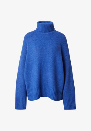 Robuuste blauwe coltrui met geribbelde textuur en manchetten, met een relaxte pasvorm en losse silhouet. Zacht gebreid materiaal.