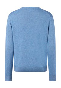 Hellblauer Pullover, Rundhalsausschnitt, gestrickter Stoff. Mit langen Ärmeln, gerippten Bündchen und Saum sowie einer glatten Textur. Keine sichtbaren Muster.