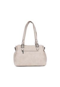 Beige nepleer handtas met dubbele handvatten, een externe ritszak en zwarte stiksels. Ronde vorm en een gladde textuur.