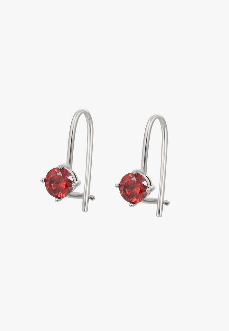 Orecchini a goccia in argento con gemme rotonde rosse, texture liscia e un design minimalista con un gancio curvo per una vestibilità sicura.