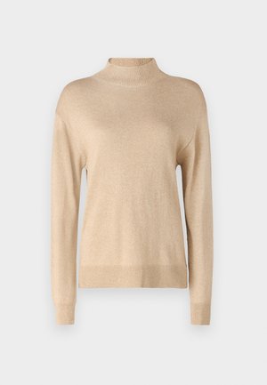Maglione beige a collo alto con maniche lunghe. Tessuto morbido e polsini a coste. Design semplice, senza modelli o dettagli hardware visibili.