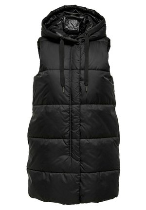 Bezrekawna czarna kamizelka puchowa z pikowanymi panelami, przednim zamkiem błyskawicznym oraz przymocowanym kapturem z czarnymi sznurkami.