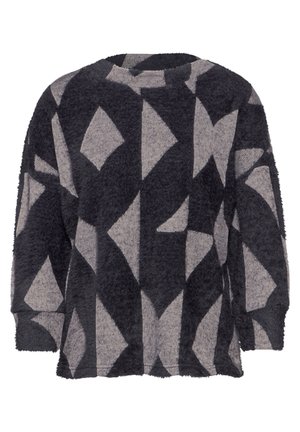 Fuzzy pullover in donker marineblauw en grijs, met een geometrisch diamantpatroon. Ronde halslijn en lange mouwen met een zachte textuur.