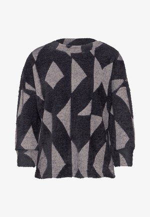 Fuzzy pullover in donker marineblauw en grijs, met een geometrisch diamantpatroon. Ronde halslijn en lange mouwen met een zachte textuur.