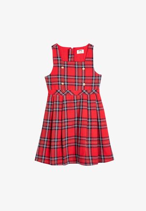 Vestido a cuadros rojos con diseño sin mangas, presenta botones dorados de doble fila y detalles de falda con pinzas. Material de mezcla de algodón.