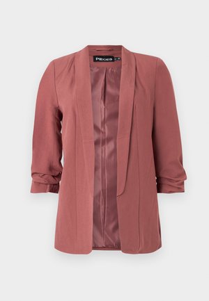 Gaismas, atvērta priekšpuses žakete putekļu rozā krāsā ar garām piedurknēm, mīkstu tekstūru un sarullētām piedurknēm. Gluda iekšējā oderējuma.