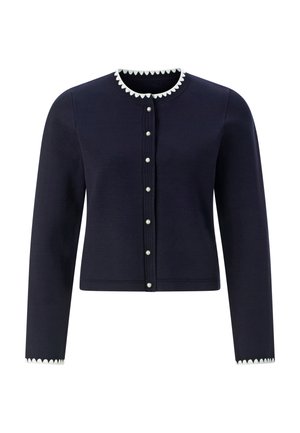 Marineblauer Cardigan mit langen Ärmeln, Rundhalsausschnitt, gewelltem weißen Besatz und perlenähnlichen Knöpfen an der Vorderseite. Glatte Strickstruktur.