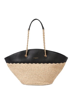 Borsa tote in pelle nera e paglia naturale con bordo ondulato, manici a catena e rifiniture in oro. Design spazioso e leggero.