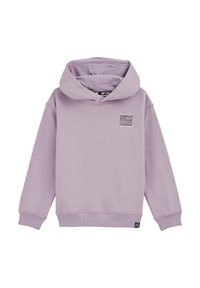 Svetlofialová mikina vyrobená z mäkkej látky. Obsahuje prednú kapsu, rebrované manžety a malý textúrovaný štvorcový dizajn na hrudi.