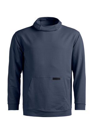 Dunkelblauer Hoodie mit langen Ärmeln, hohem Kragen und vorderer Kängurutasche, vor weißem Hintergrund dargestellt.