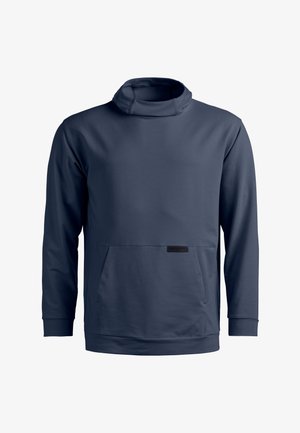 Dunkelblauer Hoodie mit langen Ärmeln, hohem Kragen und vorderer Kängurutasche, vor weißem Hintergrund dargestellt.