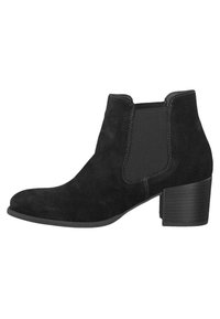 Botines de ante negro con paneles laterales elásticos, puntera redondeada y tacón apilado. Presentan costuras de contraste en los bordes.