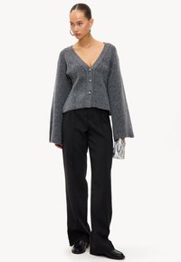 Grijze wollen cardigan met V-hals, knopen aan de voorkant en brede mouwen, gecombineerd met zwarte broek. Een zilveren handtas voegt contrast toe.