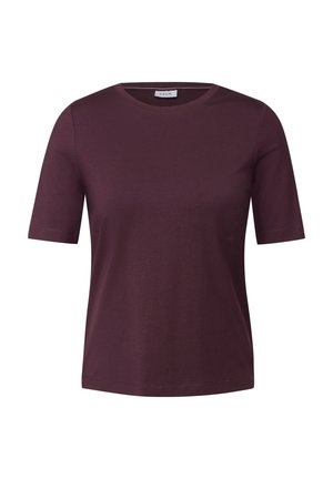 T-shirt corto bordeaux in cotone morbido, con collo rotondo e vestibilità rilassata. Tessuto liscio senza motivi visibili.