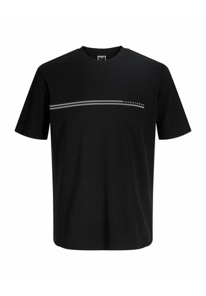 Czarna koszulka z bawełny, z okrągłym dekoltem, krótkimi rękawami i poziomym szarym paskiem na wysokości klatki piersiowej z napisem marki.