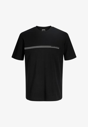 Črna bombažna majica s kratkimi rokavi in okrolim izrezom, z vodoravno sivo črto čez prsni koš z napisom blagovne znamke.