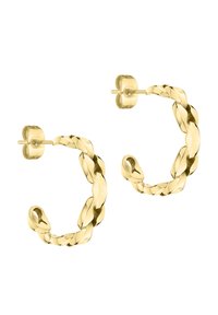 Goldene Creolen mit geflochtenem Design. Verfügen über glatte, polierte Oberflächen und einen Steckverschluss für sicheren Halt.