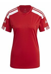 T-shirt de sport rouge Adidas à manches courtes avec des bandes blanches sur les épaules et le logo Adidas sur les manches et la poitrine, taille small.