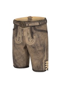 Shorts en cuir brun vieilli, avec des coutures décoratives, une ceinture à boucle et des accents de laçage sur les côtés. Conception durable et traditionnelle.