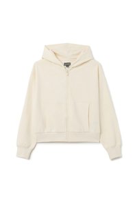 Crème-kleurige rits-hoodie van zacht materiaal, met een kangoeroezak, capuchon en geribde manchetten. Geen patronen of hardware details.