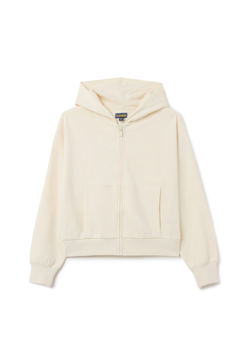 Crème-kleurige rits-hoodie van zacht materiaal, met een kangoeroezak, capuchon en geribde manchetten. Geen patronen of hardware details.
