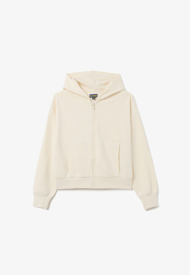 Sudadera con cremallera color crema hecha de un tejido suave, con un bolsillo tipo canguro, capucha y puños de canalé. Sin patrones ni detalles de metal.