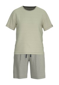 Ljust beige randig t-shirt med rund halsringning, matchad med grå bomullsshorts med dragsko, perfekt för avslappnat bruk.