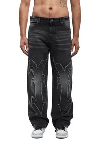 Μαύρο τζιν με άνετη εφαρμογή, με φθαρμένες λεπτομέρειες και ραφές σε στυλ γκράφιτι στο μπροστινό μέρος. Ολοκληρωμένο με κλασικές τσέπες.